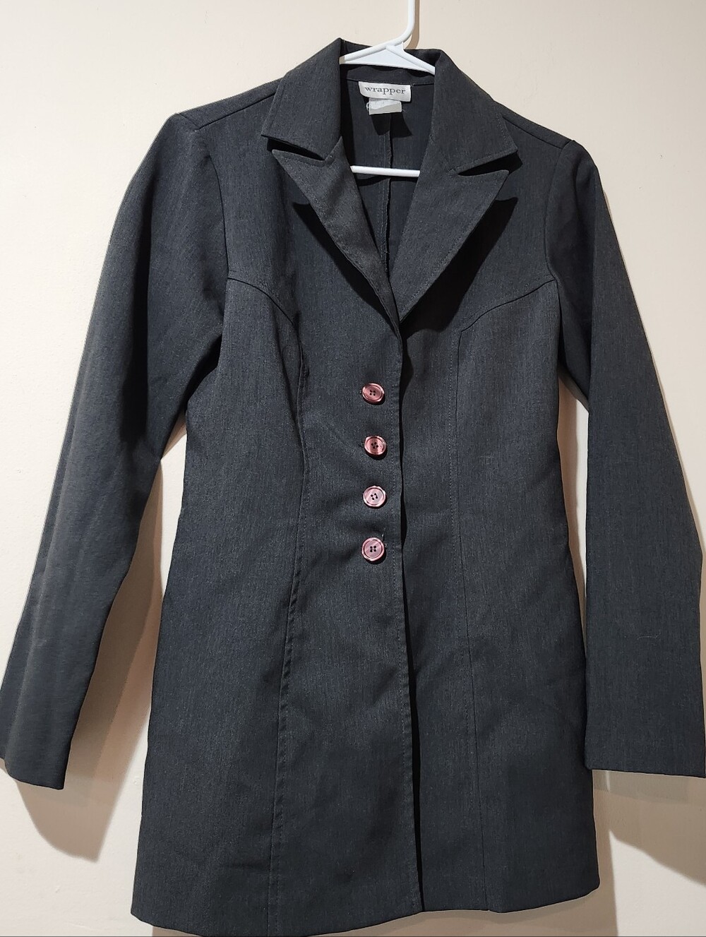 Wrapper Black Tailored Women's Light Weight Coat with Burgundy Buttons Size S